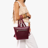 Cabernet Small | Model wearing square slim leather tote backpack 