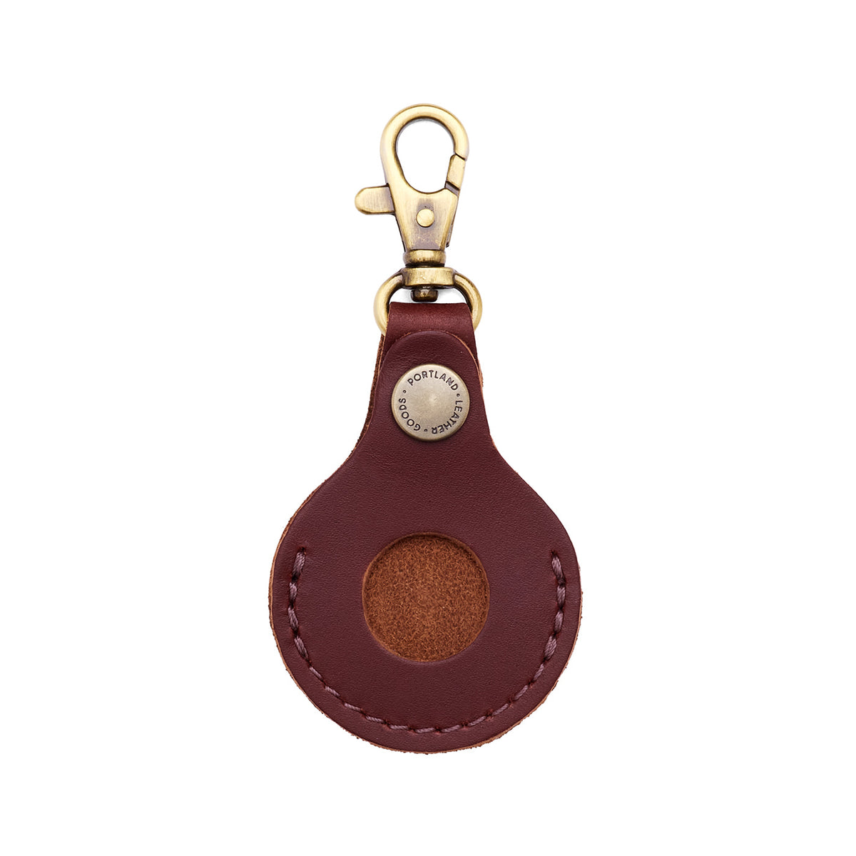 Cognac | Round leather AirTag holder with snap closure and swivel lobster claw clasp