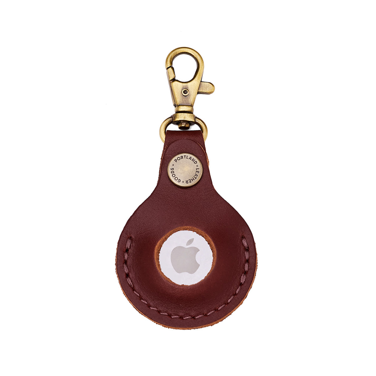Cognac | Round leather AirTag holder with snap closure and swivel lobster claw clasp