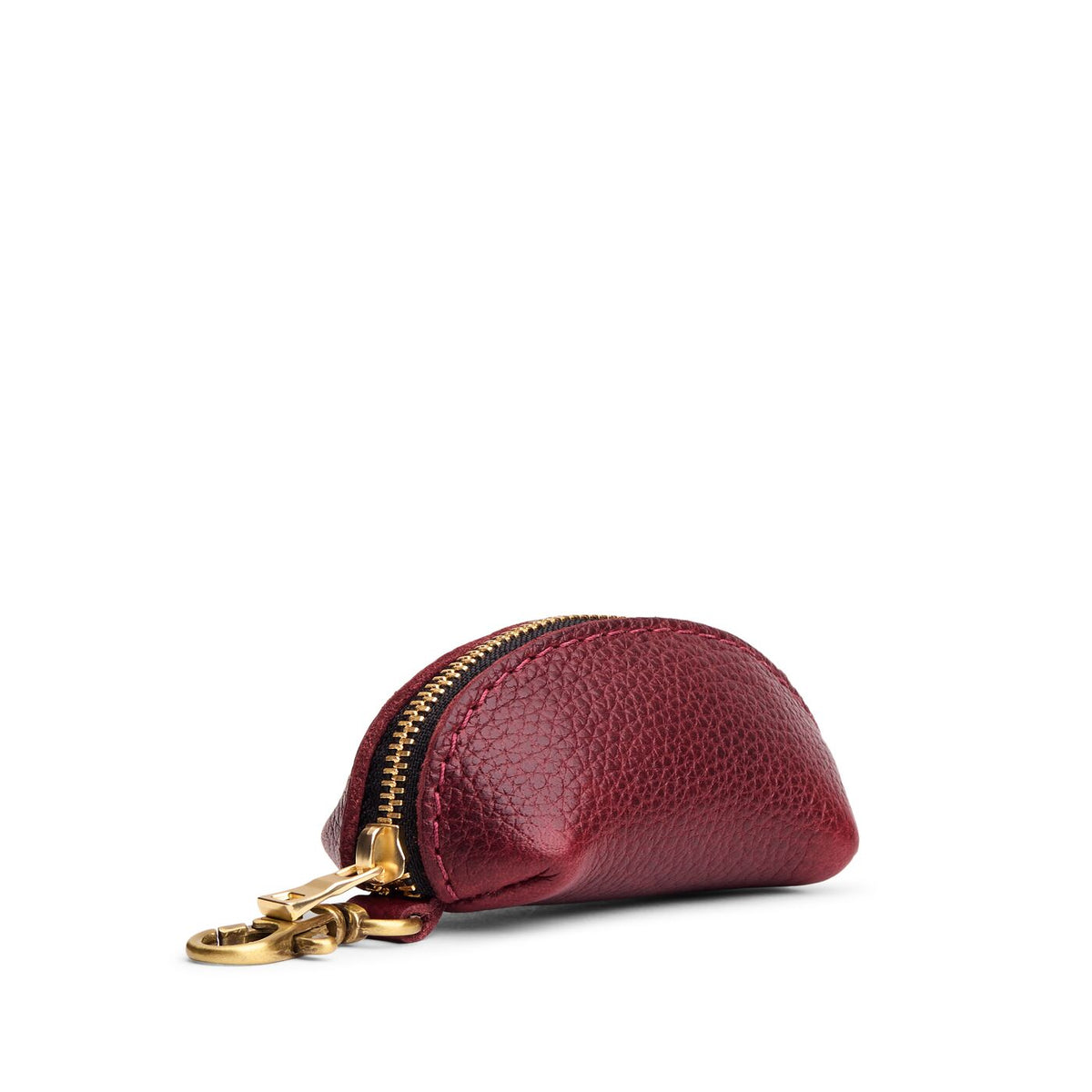 Cabernet | Taco shaped leather pouch with zipper and swivel lobster clasp on white background