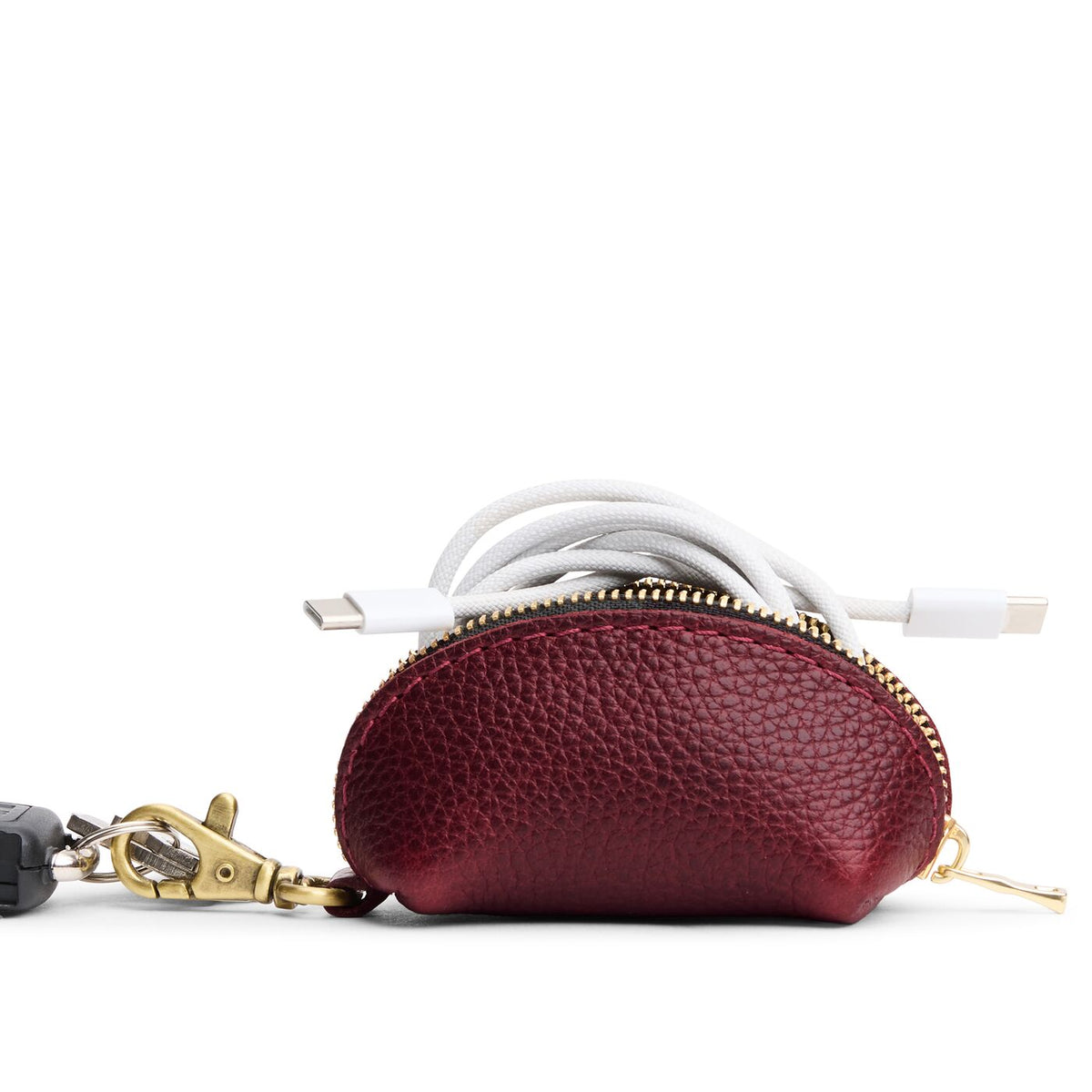 Cabernet | Taco shaped leather pouch with zipper and swivel lobster clasp on white background