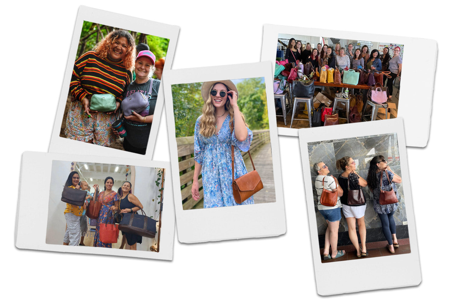 Collection of Polaroid-style photos showing people with PLG handbags.