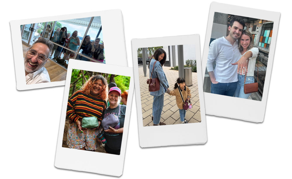 Collection of Polaroid-style photos showing people with PLG handbags.