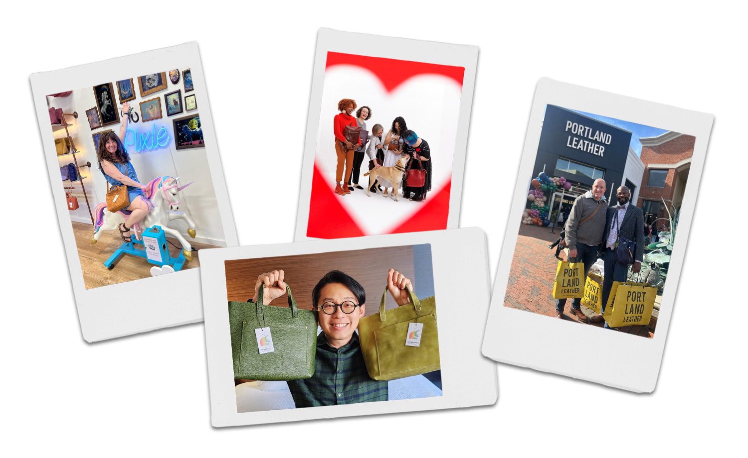 Collection of Polaroid-style photos showing people with PLG handbags.