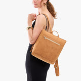 Desert Flower | Model wearing square slim leather tote backpack