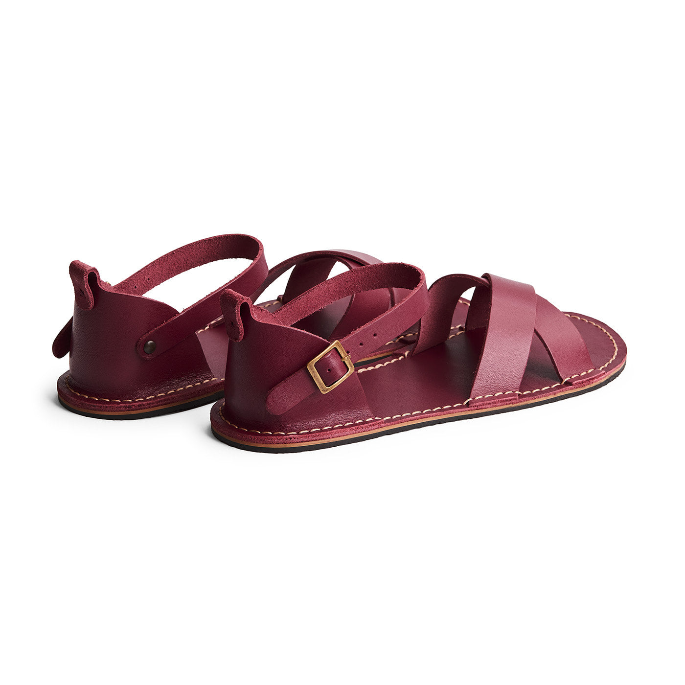 Marsala | Flat leather sandals with ankle straps and debossed PLG three tree logo in sole