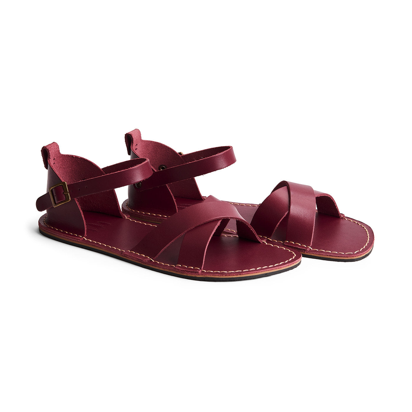 Marsala | Flat leather sandals with ankle straps and debossed PLG three tree logo in sole