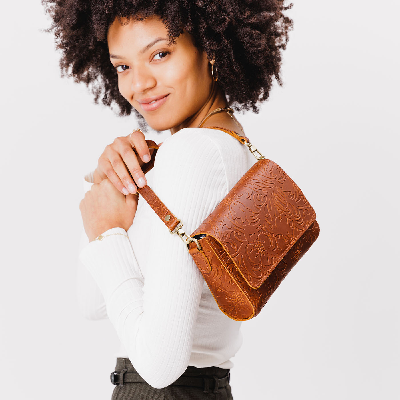 Meadow*Mini | Model Wearing Small Leather Crossbody Bag with Magnetic Messenger Bag Closure